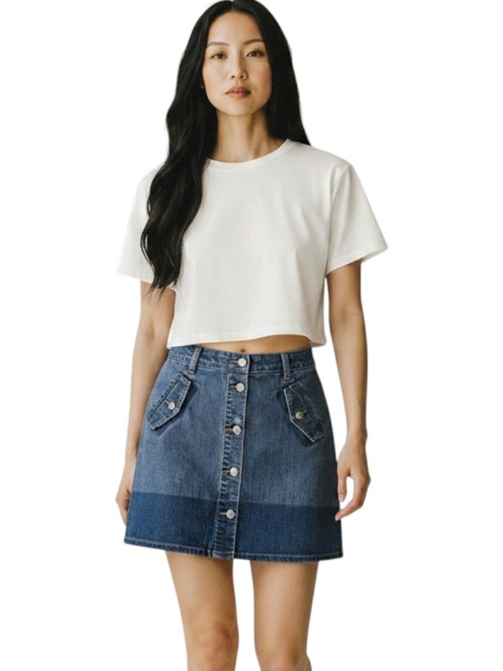 Witchery Stretch Denim Mini Skirt Button Front Flap Pockets Medium Blue Size 12
